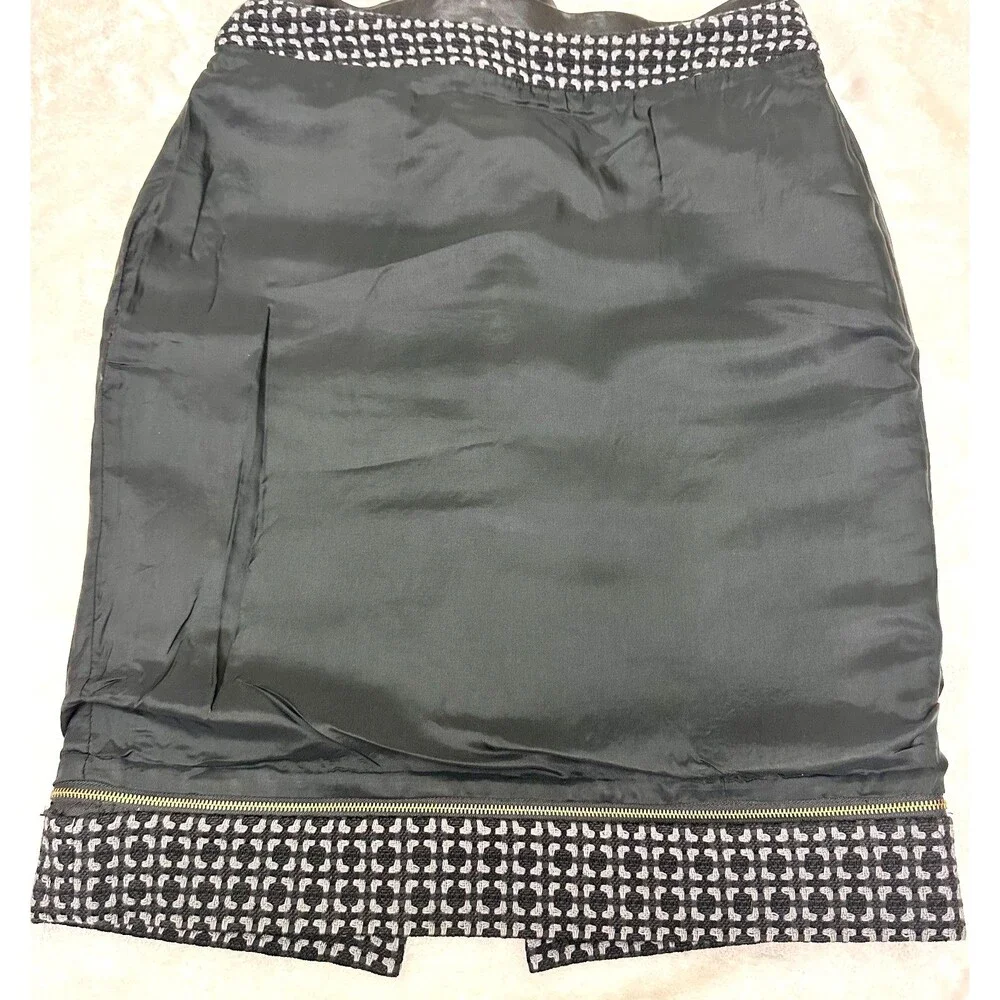 Etcetera Women's Gray Black Tweed Leather Trim Below Knee Pencil Skirt Sz M